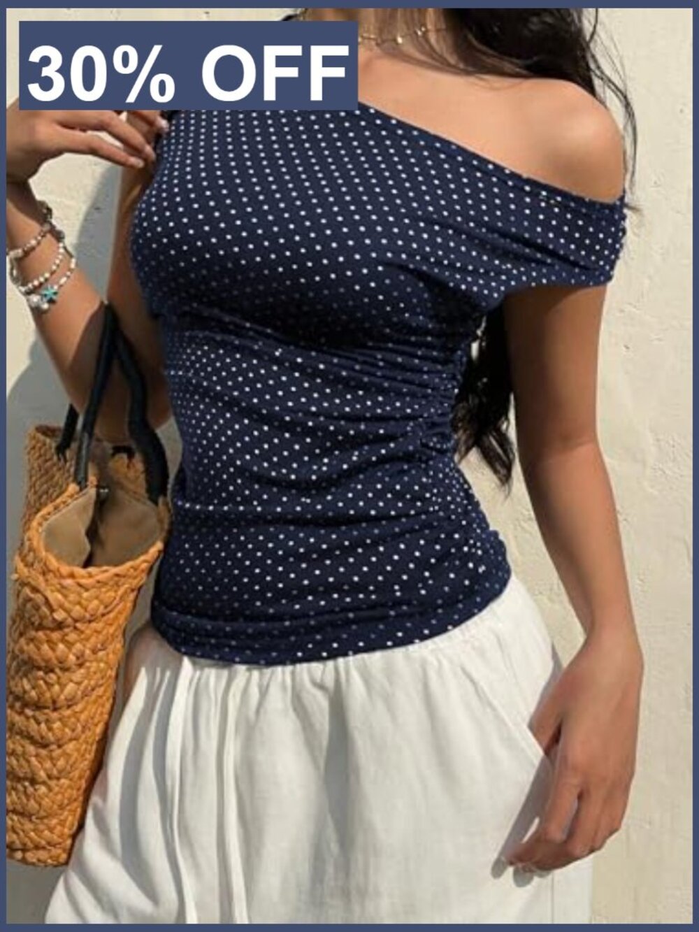 Off Shoulder Tank Top Ruched Polka Dot Sleeveless Summer Cute Going Out - Picture 2 of 7